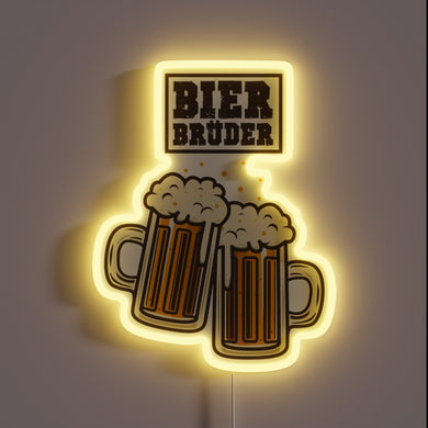 Neon-lit 'Bier Bruder' sign in vibrant RGB LED colors glow