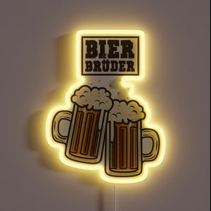 Neon-lit 'Bier Bruder' sign in vibrant RGB LED colors glow