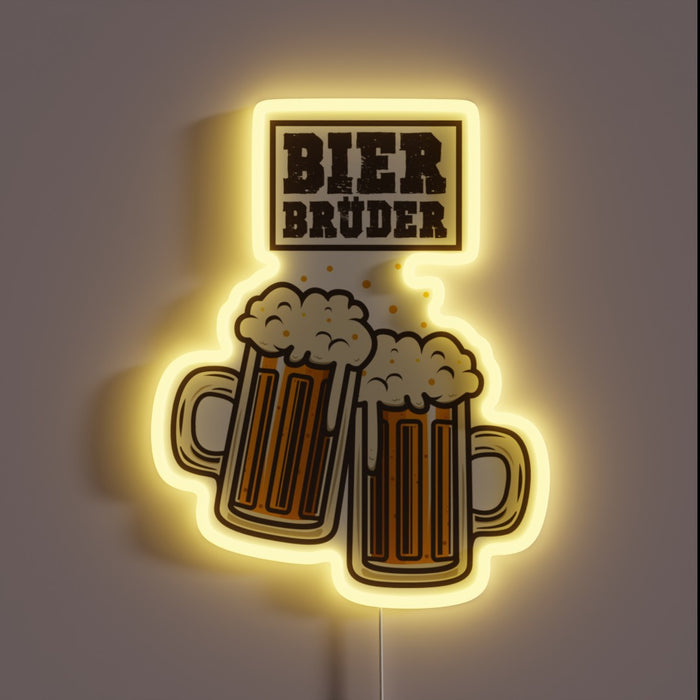 Neon-lit 'Bier Bruder' sign in vibrant RGB LED colors glow