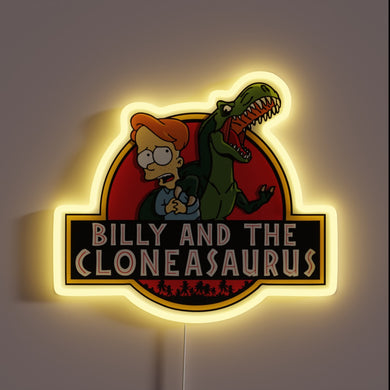 Vintage-inspired neon sign featuring colorful, swirling clone dinosaurs and name.