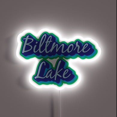 Colorful Biltmore Lake, NC, Asheville, WNC illuminated RGB neon welcome sign.