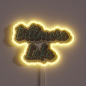 Vibrant Biltmore Lake neon sign illuminates Asheville's vibrant North Carolina charm.