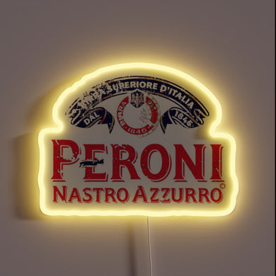 Neon sign shaped like a vintage Peroni Nastro Azzurro beer label, glowing with a yellow light.
