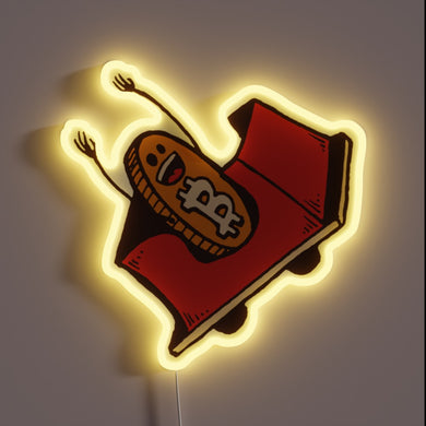 Cartoon Bitcoin coin riding a red roller coaster with arms raised, glowing with a yellow neon outline.
