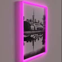 Charger l&#39;image dans la galerie, Eye-catching neon Lamborghini logo in sleek black &amp; white design.