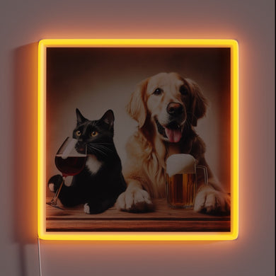 Whimsical pet pair in colorful glow of neon lights