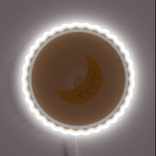 Charger l&#39;image dans la galerie, Boho-style moon and sun neon sign with leaf accents.