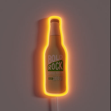 Neon sign shaped like a Bold Rock Hard Cider bottle with orange glow.
