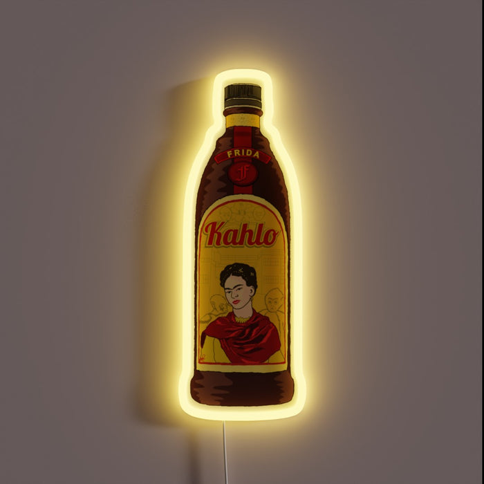 Neon sign shaped like a bottle featuring Frida Kahlo's portrait and the label 