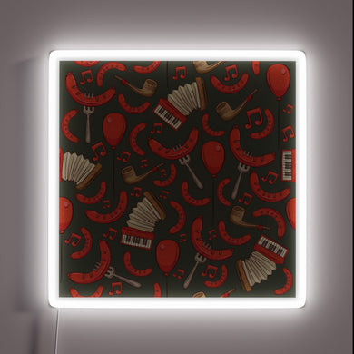 German-inspired Bratwurst and music themed Oktoberfest pattern pewter neon sign.