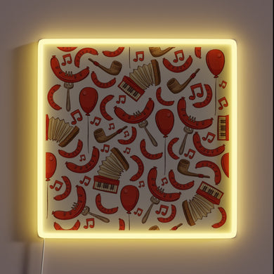 Vibrant Bratwurst and music-inspired neon lights for Oktoberfest celebrations atmosphere