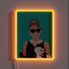 Charger l&#39;image dans la galerie, Breakfast at Tiffany’s neon sign – minimalist pop art wall decor featuring iconic Audrey Hepburn silhouette for chic bedrooms, salons, or fashion-inspired interiors