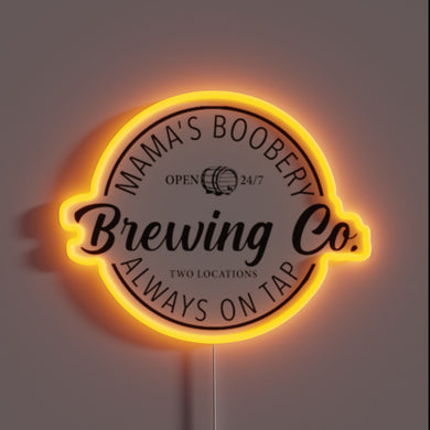 Mama's Boobery Brewing Co. neon sign with orange LED border