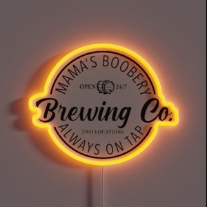 Mama's Boobery Brewing Co. neon sign with orange LED border