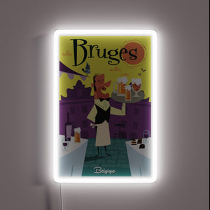 Colorful Bruges city map illuminated in vibrant RGB neon lights.