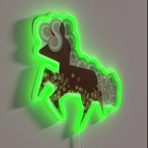 Whimsical rainbow-colored unicorn floats against a glowing neon background.