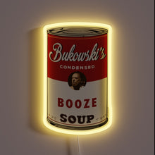 Charger l&#39;image dans la galerie, Neon sign illuminates &#39;Bukowski Booze Soup&#39; with bold, colorful letters