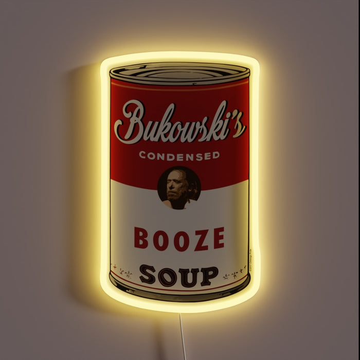 Neon sign illuminates 'Bukowski Booze Soup' with bold, colorful letters