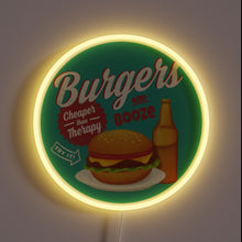 Charger l&#39;image dans la galerie, Neon Sign Reading &#39;Burgers and Booze&#39; in Vibrant RGB Lighting