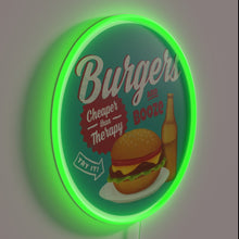 Charger l&#39;image dans la galerie, Neon bar sign featuring colorful burgers and drinks graphics
