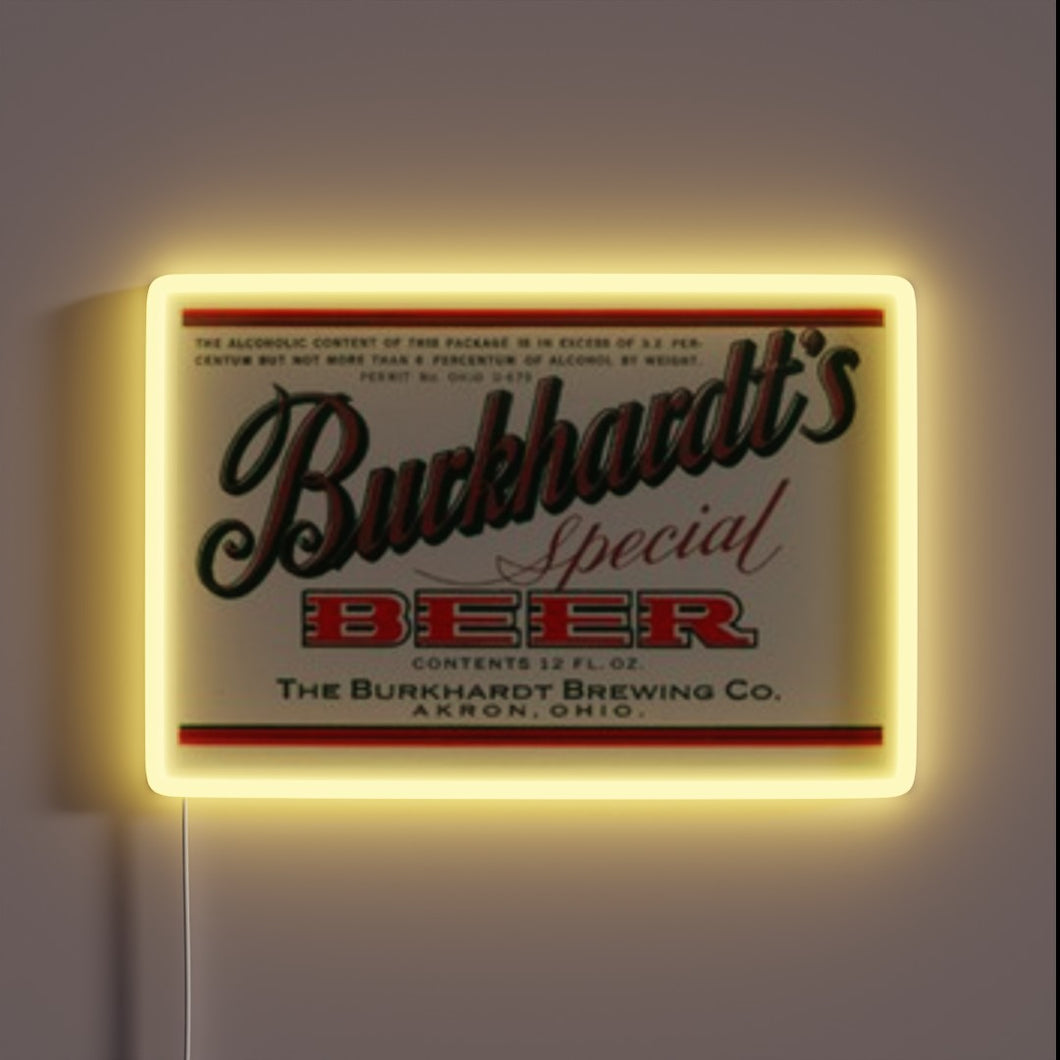 Eye-catching RGB neon beer sign with vintage Burkhardt's branding flair.