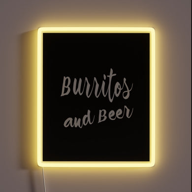 Vibrant RGB neon sign illuminating burritos and beer passions everywhere.