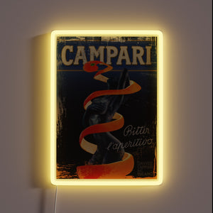 Vintage Campari neon sign with orange peel and classic artwork.