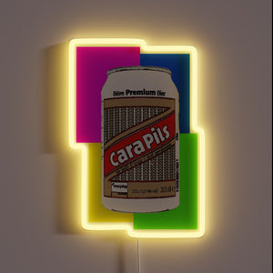 Vibrant RGB lighting on hand-painted Cara Pils beer sign design.