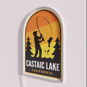 Colorful neon fishing sign decorates homes near Castaic Lake California.