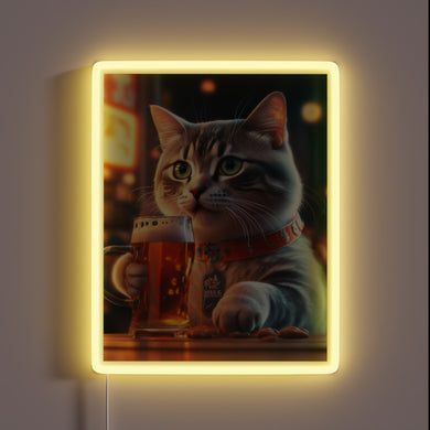 Feline Cheers: Whimsical Cat Sipping Beer in Neon Hues
