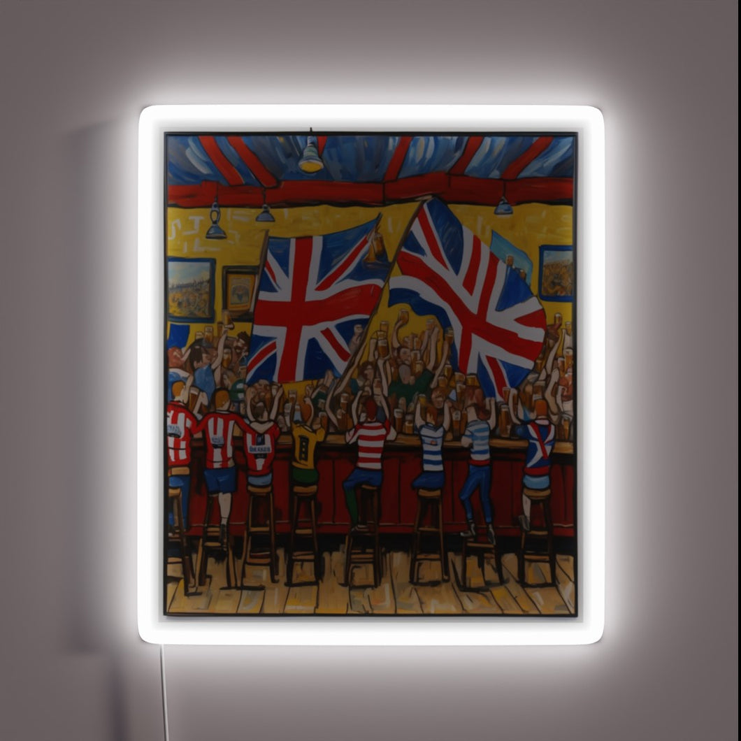RGB Neon Sign Featuring Cheers, Pub Flags, and Beer Mugs