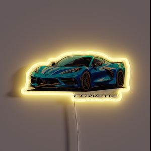 High-performance Corvette C8 sports car logo in vibrant RGB neon