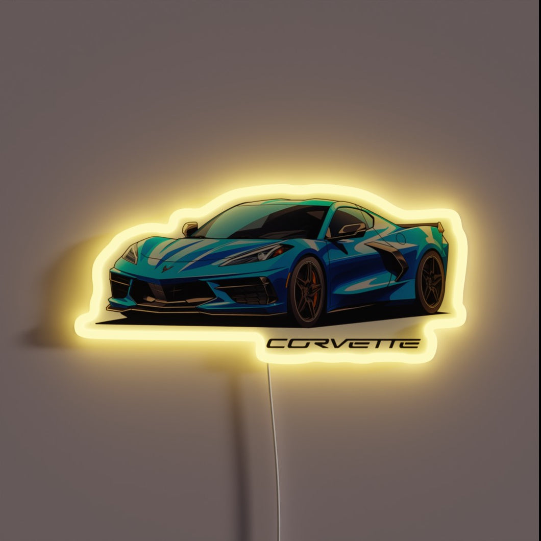 High-performance Corvette C8 sports car logo in vibrant RGB neon
