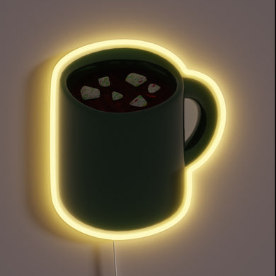 Vibrant neon sign featuring colorful chocolate and marshmallow graphics
