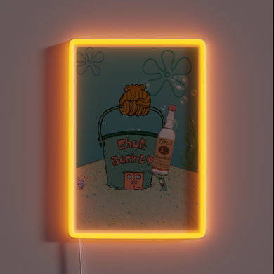 Vibrant neon sign features iconic SpongeBob and Chum Bucket logo design.