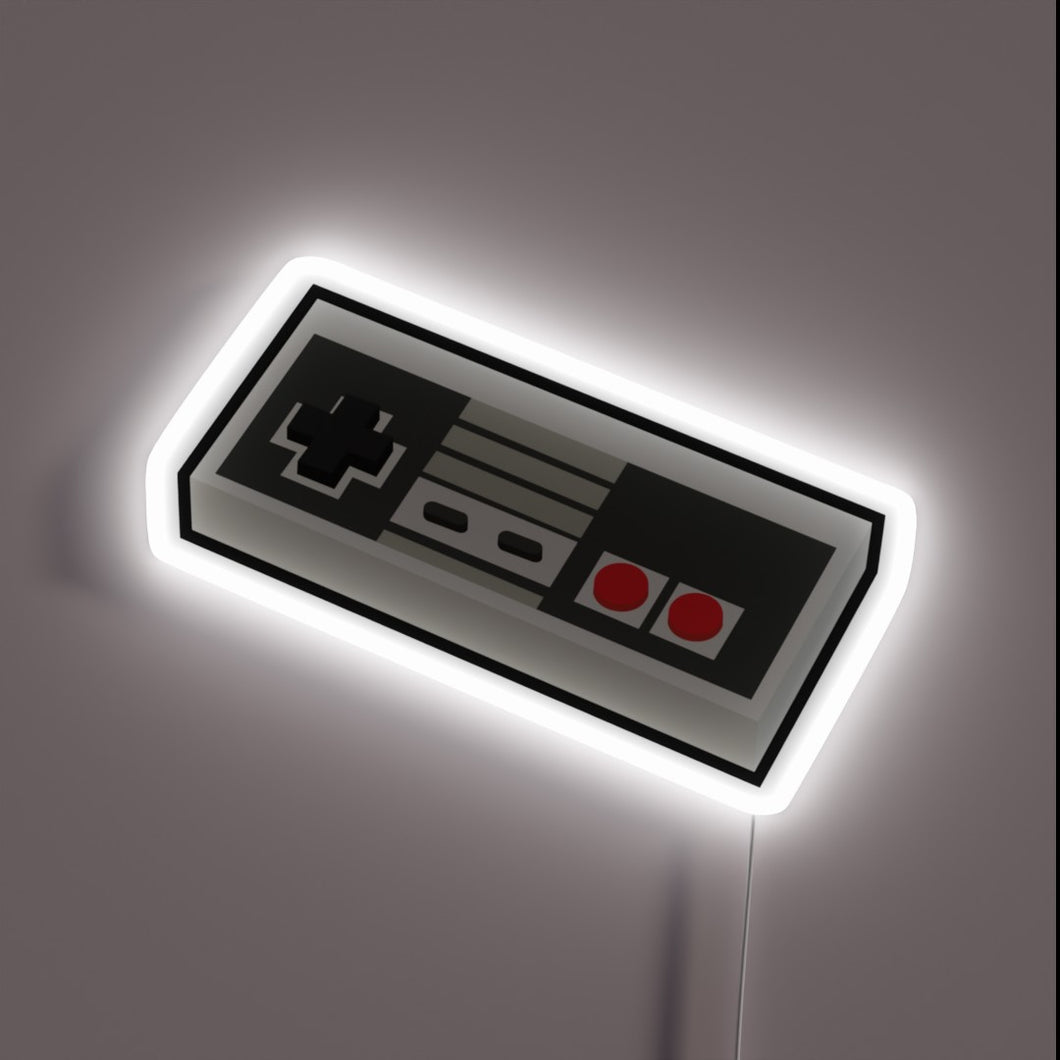 Retro NES controller neon sign with white glow.
