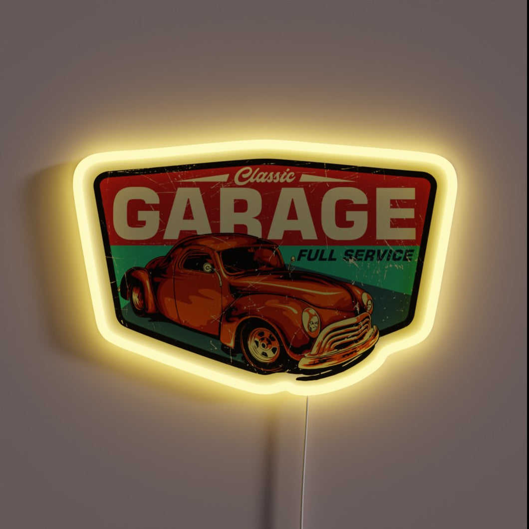 Vintage garage neon sign with classic red car and yellow glow.