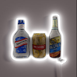 RGB neon sign illuminating popular South American beers and spirits.