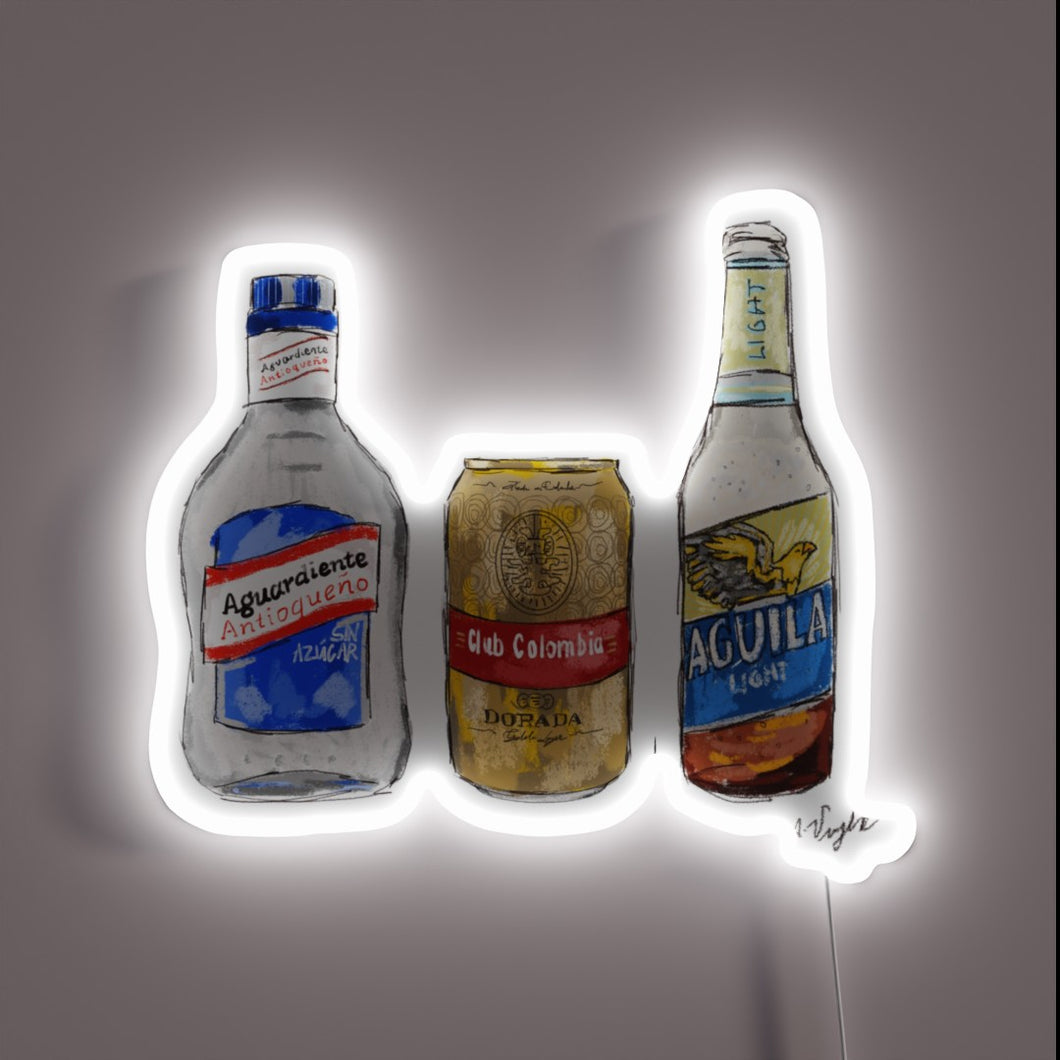 RGB neon sign illuminating popular South American beers and spirits.