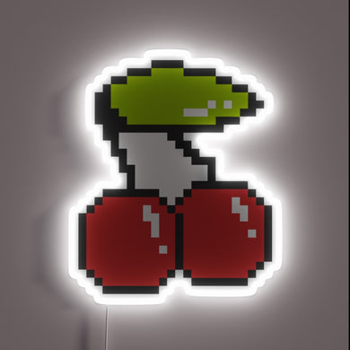 Pixelated 8-bit cherry with green stem and white neon glow.