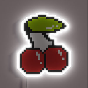 Pixelated 8-bit cherry with green stem and white neon glow.