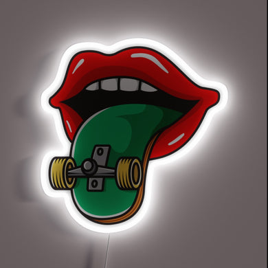 Neon sign featuring red lips with a green skateboard tongue — bold skater-style wall decor with unique glow effect.
