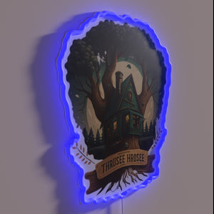 Neon bar sign featuring stylized tree house brewery logo graphics.