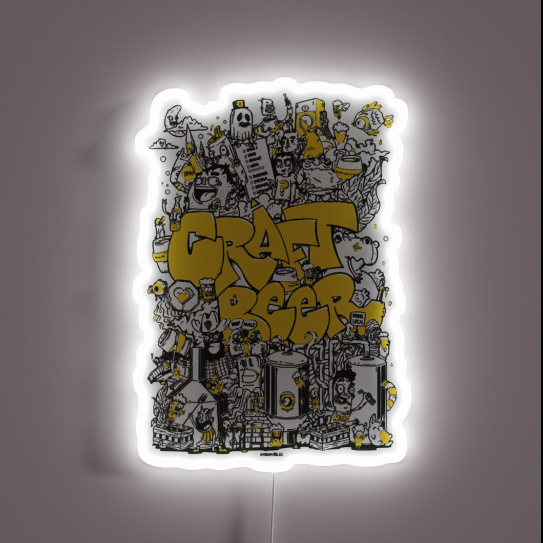 Colorful LED neon sign featuring brewing equipment in bright hues.