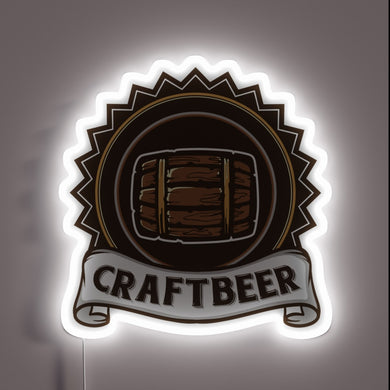 Vibrant wooden barrel-inspired craft beer bar decor with neon accents