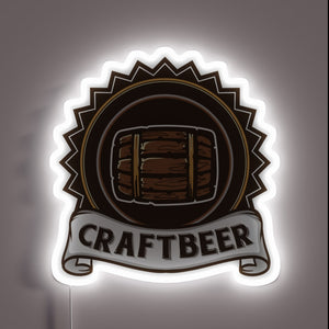Vibrant wooden barrel-inspired craft beer bar decor with neon accents