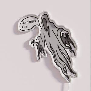 Neon craft beer bar decor with anti-beer ghost theme sign.