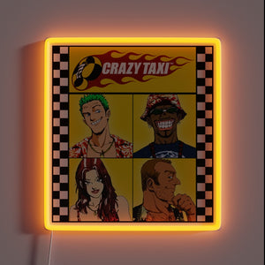 Crazy Taxi neon sign featuring all four drivers – bold retro video game wall art with checkerboard border, perfect for arcade rooms, Sega fans, or nostalgic gamers