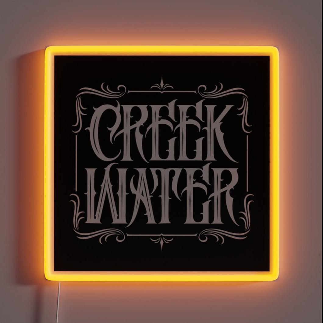 Vintage Creekside Distillery Sign with Glowing RGB Neon Accents