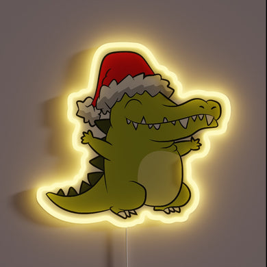 Cute crocodile neon sign wearing a Santa hat — festive and playful holiday decor.